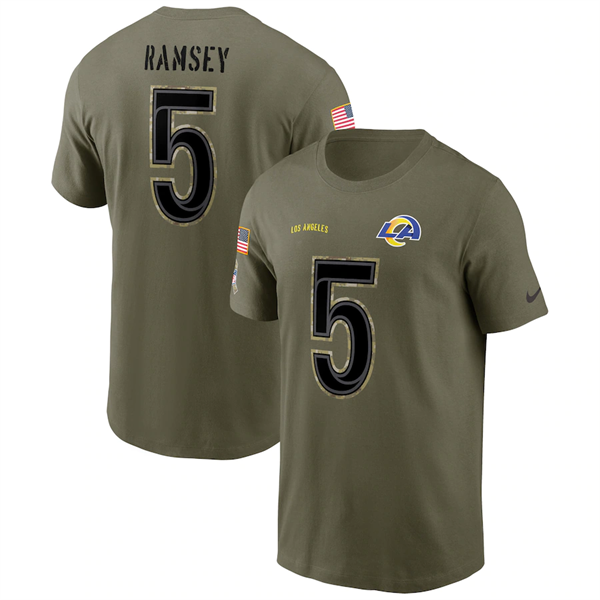 Men's Los Angeles Rams #5 Jalen Ramsey 2022 Olive Salute to Service T-Shirt Men's Los Angeles Rams #5 Jalen Ramsey 2022 Olive Salute to Service T-Shirt
